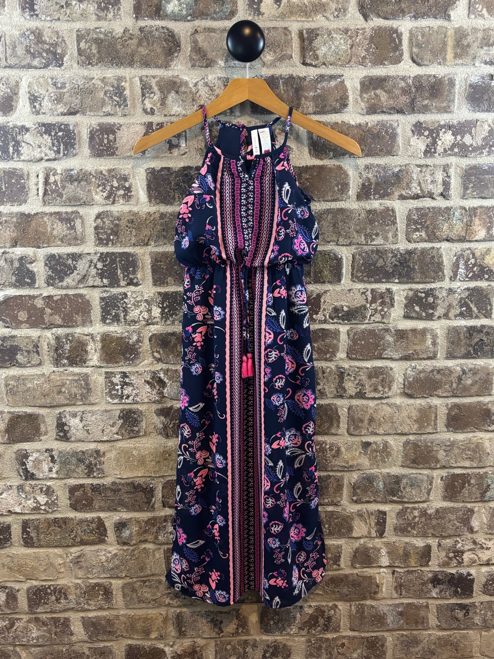 NWT Japna Kids Navy Floral Halter Maxi Dress with Pink Accents Girls Size 7